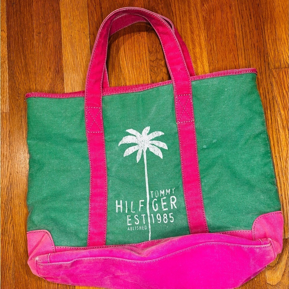Tommy Hilfiger Palm Tree Canvas Tote Bag – Pink & Green